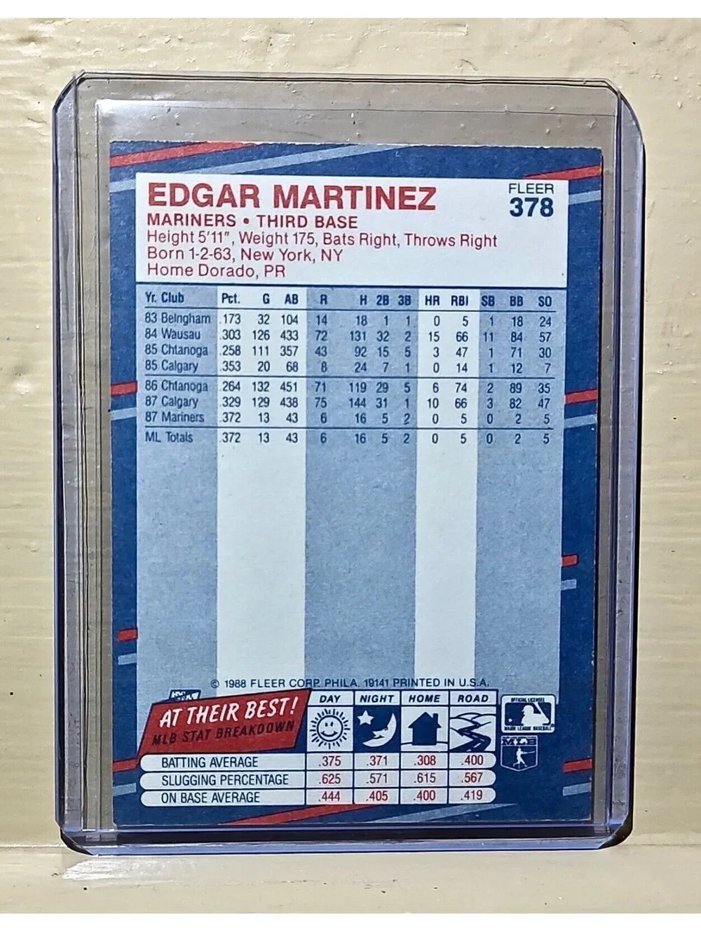 Edgar Martinez 1988 Fleer MLB #378 Baseball Card Seattle Mariners